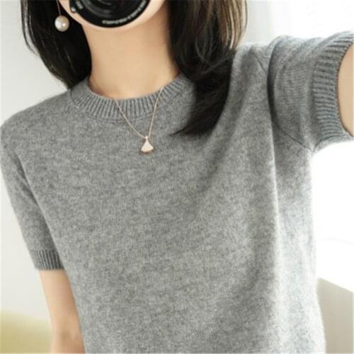 2021 womens knitted sweater short sleeves solid o-neck top short stylish casual pullover jumper elastic jacket sweater shirt