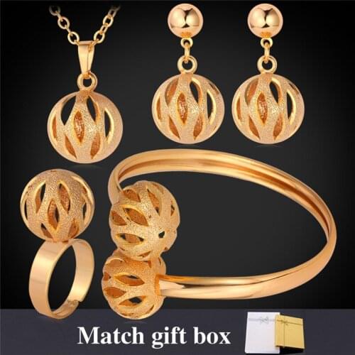 Hollow Out Ball Pendant Necklace Bracelet Earrings Ring Wedding Set Gold Color Jewelry Sets For Women PEHR872