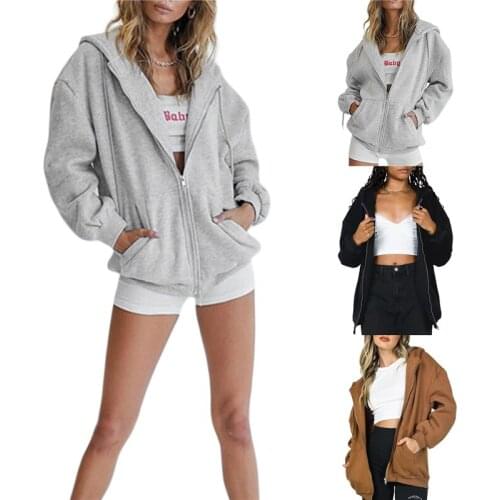 Women Loose Style Coat Solid Color Zipper Open Front Hooded Jacket with Pockets Black/ Brown/ Grey