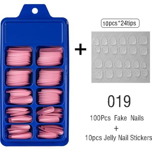 100pcs/box Press on False Nail Long Coffin Clear/Meat Pink Fake Nails Tips Full Cover DIY Acrylic Nails with Jelly Nail Stickers