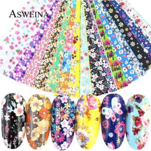 16pcs 4*20cm Holographic Nail Foil Set Flower Mix Designs Transfer Decals Stickers Charms Nail Art Decoration Wraps