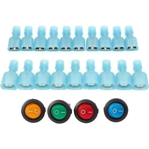 4 x12V LED Illuminated Rocker On-Off Toggle SPST Switch & 50Pcs Female & Male Fully Insulated Wire Terminals Connector