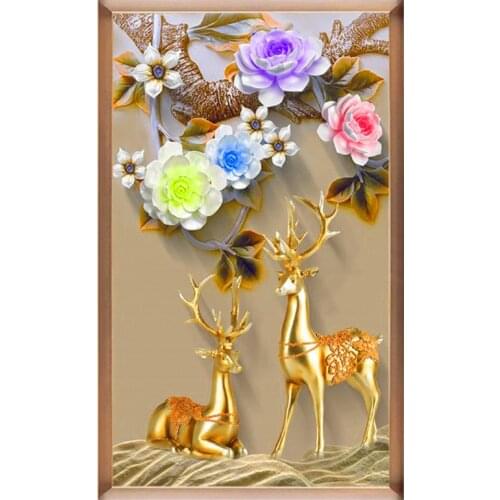 Golden Deer Flower Special Shaped 5D DIY Diamond Painting Kits Round Drill Diamond Animal decor Cross Stitch Embroidery Mosaic