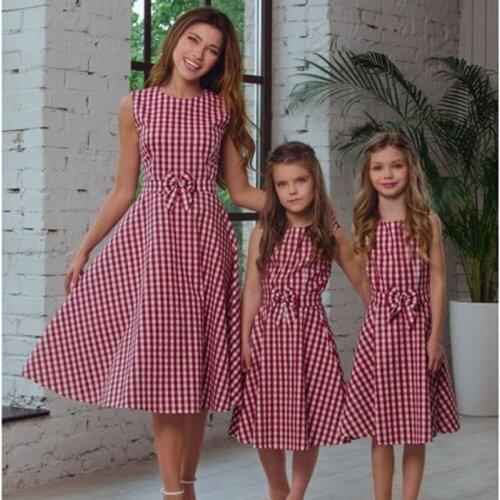 Bowknot check round collar parent-child outfit dress mother daughter matching clothes cotton mommy and me cotton dresses