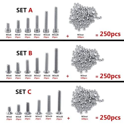 250pcs/set M3 Hex Socket Screws Bolt With Hex Nuts Assortment A2 Stainless Steel Fastener Hardware Button Flat head Optional