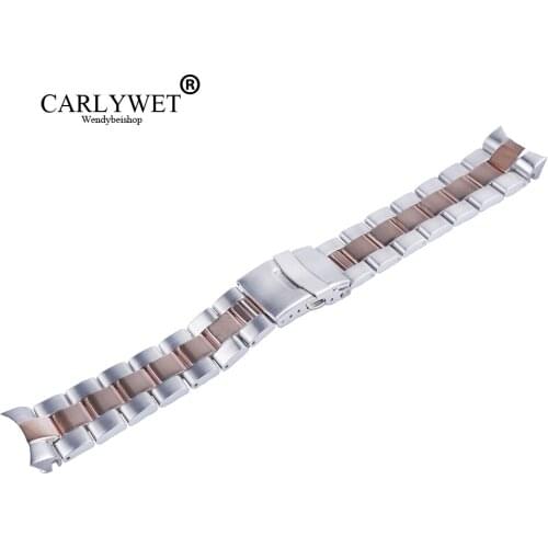 CARLYWET 22mm Middle Rose Gold Stainless Steel Wrist Watch band Replacement Metal Watchband Bracelet Double Push Clasp For Seiko