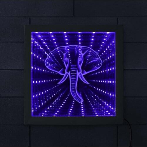 Elephant Lighting Wall Art LED Infinity Mirror Wood Frame Wildlife Animal Safari Wall Decor Vortex Tunnel Interstellar Mirror