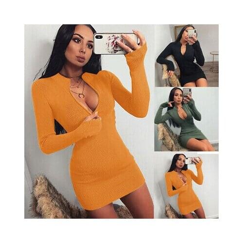 Hirigin New Fashion Women Knitted Long Sleeve Dress Deep V-neck Bodycon Zipper Dress Casual Club Nightclub Style Dress