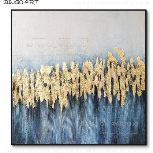 Skilled Artist Hand-painted High Quality Blue and Gold Foil Abstract Oil Painting on Canvas Beauty Abstract Golden Foil Painting