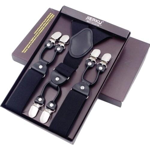 JIERKU Suspenders Mans Braces 6 Clips Suspensorio Black Leather Trousers Strap Father/Husbands Gift 3.5*120cm JK6C621