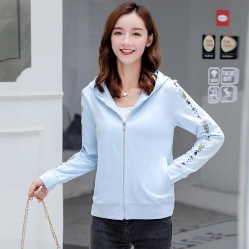 Spring Autumn Fashion Women Zipper Hooded External Wear Outwear Coat 2021 Fashion Cotton Embroidered Long-Sleeved Jacket Woman