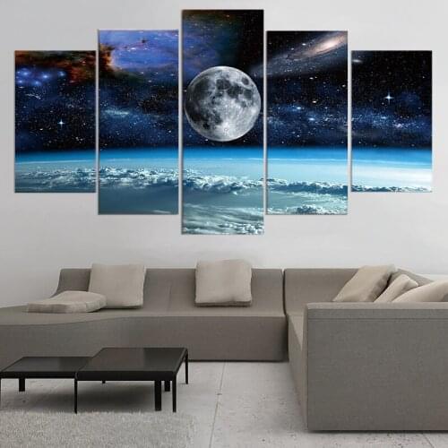 HD Print 5 Pieces Canvas Art Space Universe Moon Stars Painting Modular Framed Canvas Home Decor Poster For Living Room Decor