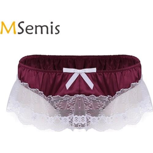 Mens Sissy Lingerie for Gay Sissy Panties for Men Satin Panties Ruffled Floral Lace High Cut Bikini G-string Thong Underwear