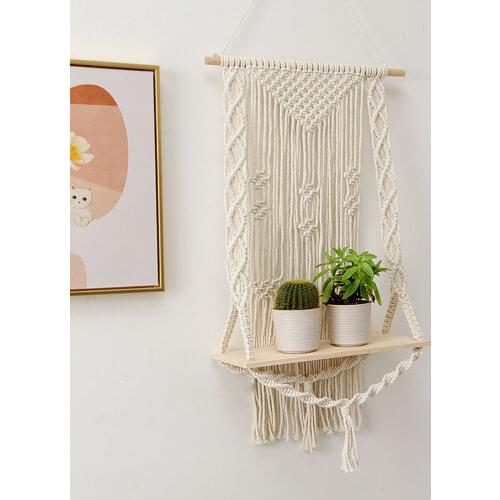 Wall Hanging Tapestry Planter Basket Shelf Boho Hand-Woven Macrame Wooden Shelf Tapestry Planter Holder Home Room Decor
