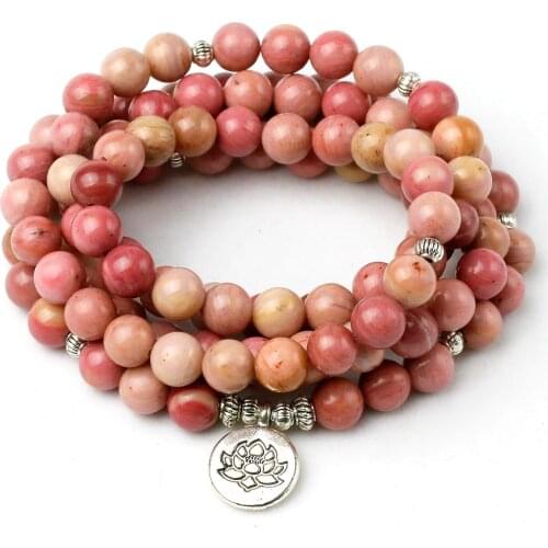 Natural Rhodochrosite Stone Beaded Buddha OM Mantra Lotus Bracelet Men Jewelry Wing Charm Bracelets Yoga For Women