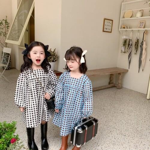 Spring New Arrival Korean style cotton girls dress all-match long sleeve square pattern loose princess dress for cute baby girl