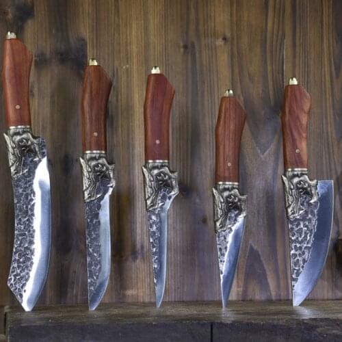 Longquan Sharp Machete Cleaver Boning Salmon Viking Barbecue Knife Handmade Forged Steel Kitchen Knives Set Copper Dragon Decor