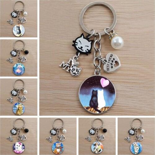 Naughty cat glass pendant keychain cute cat keychain boys and girls gifts