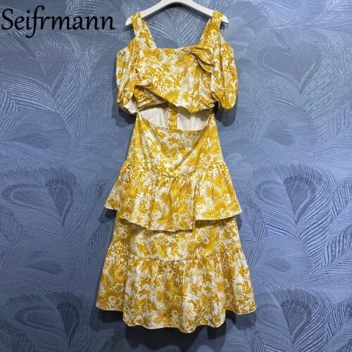 Seifrmann New 2021 Summer Women Fashion Designer Party Midi Dress Sexy Spaghetti Strap Crop High Waist Ruffles Cotton Dresses