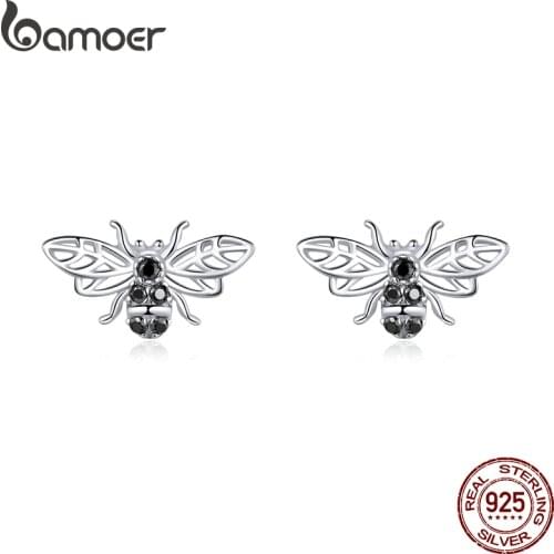 Bamoer 100% 925 Sterling Silver Stud Earrings for Women Retro Design Bees Ear Pins Punk Style Silver 925 Fashion Jewelry SCE846