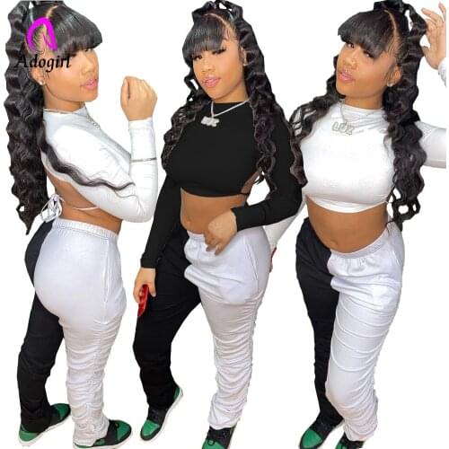 Tracksuit Women 2 Piece Set Active Black White Patchwork Sweatsuit 2021 Fitness Outfit Open Back Crop Tops Stacked Pants Outfits