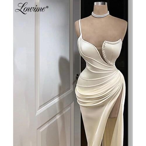 Ivory Evening Dresses Vestidos De Fiesta 2020 Mermaid Party Dress Pearls High Split Side Sexy Prom Dresses Long Celebrity Dress