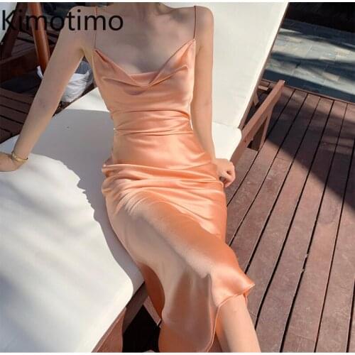 Kimotimo French Vintage Satin Dress Female Summer 2021 New Beach Holiday Style Swinging Collar Slim Long Spaghetti Strap Dress