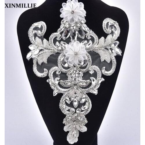 High Quality Glass Clear Crystal Rhinestone Lace Sewing Beaded Flower Applique Fabric For Clothes Wedding Dress Decoration DIY