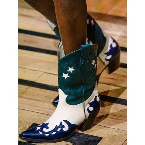 Women Runway Ankle Booties Patchwork Embroider Slip On Pointed Toe Over Size Style Star Patern Chunky Heel Fashion Ladies Shoes