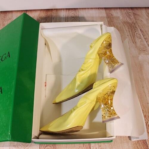 Womens shoes clear glass crystal heel single shoes soft leather small square toe witch high heels thick heel pumps