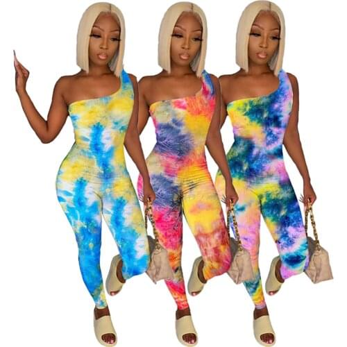 One Shoulder Tie Dye Women Long Jumpsuit Bodycon Sexy Streetwear Fitness Sportswear Summer Clothes Lounge Wear club Outfit Body