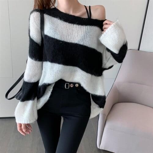 Autumn Yellow White Black Striped Women Full Sleeve Harajuku Sweaters Gothic Lady Loose Pullover Sweater Korean Fashion Clothes