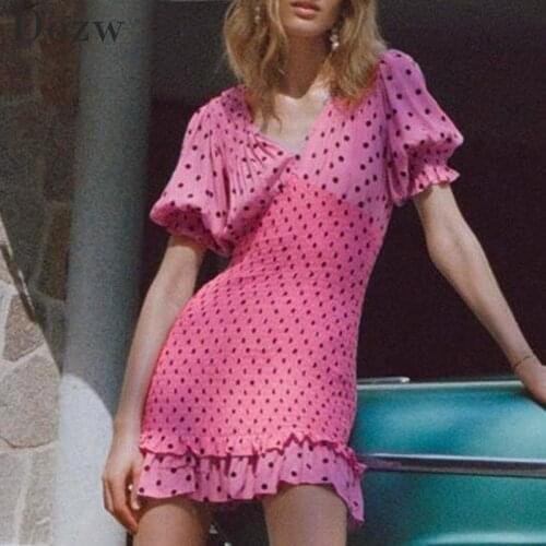 Women Chic Polka Dot Party Mini Dresses 2020 V Neck Short Sleeve Pink Pleated Dress Female Ruffle Elastic Casual Dress Vestidos