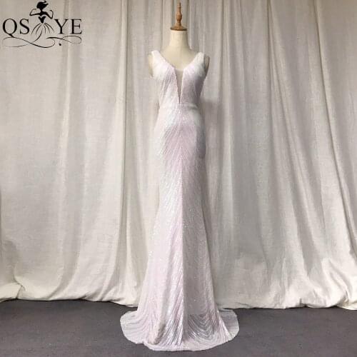 QSYYE White Shiny Mermaid Long Prom Dress Sequin V neck Evening Dress Fitted Glitter Prom Dress
