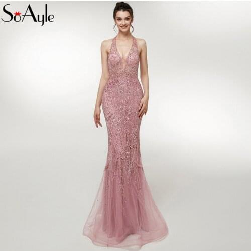SoAyle Luxury Beading Evening Dress 2019 Halter Backless Sexy Pink Prom Dresses Tulle Vestidos De Festa New Arrival