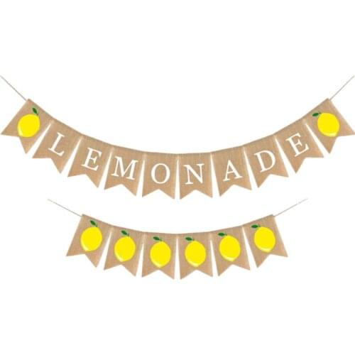 2 Pcs Burlap Banner Lemon and Lemonade Pull Flag Party Garland Hanging Bunting for Beach Party Cocktail Party Summer Party