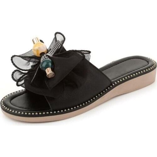 2020 New Summer Cowhide Bow Lace Mesh Women Leather Silppers Beach Sandals Comfortable Non-slip Flat Sandals Large Size Sandals