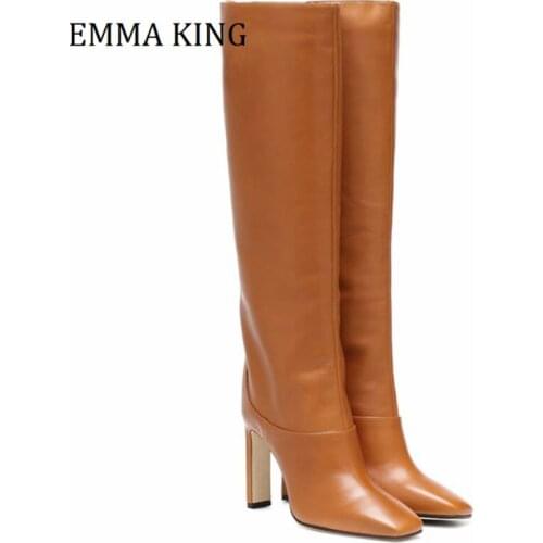 2020 Autumn Winter Women Knee High Boots Faux Leather Square Toe Sexy High Heel Shoes Brand Design Long Boot Warm Party Footwear