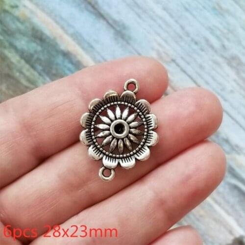 6pcs 28x23mm Flower Connector Charms Antiuqe Silver Color Tone Metal Alloy Pendant Accessories Fit DIY Handmade Bracelet Jewelry