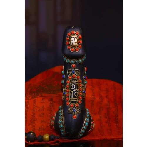 5" Tibet Buddhism Natural meteorite Filigree mosaic Gem Dzi Bead Pendant Show off Penis Ward off evil spirits Town House Exorcis