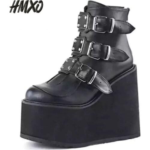 HMXO Buckle Buckle Shoes Short Boots Women Colorful Laser Super High-heeled Women Boots Wedges Martin Boots Leather Shoes Women