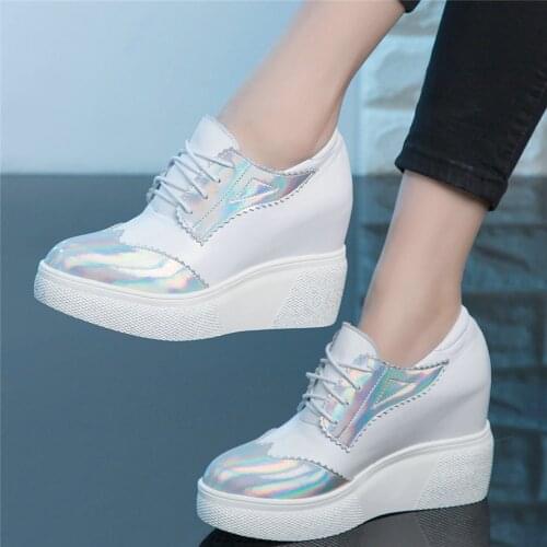 Fashion Sneakers Women Lace Up Genuine Leather Wedges High Heel Ankle Boots Female Round Toe Platform Oxfords Shoes Casual Shoes