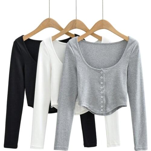 BRADELY MICHELLE 2021 Summer NEW Arrival Women Solid Color Square-Neck With Button Adornment Sexy Causal Long Sleeve Fashion