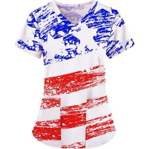 Independence Day American Flag Print Women Short Sleeve Workwear Top Hospital Workwear Working Nurse Uniform Scrub Tops 2021 A50