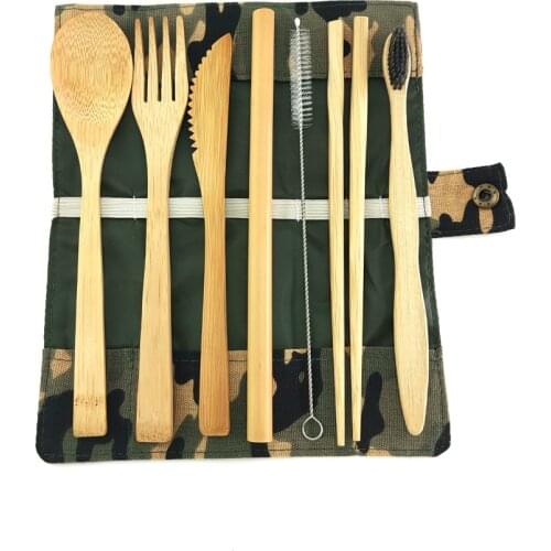 Eco Friendly cubiertos bambu of Wooden Utensils with Reusable Bamboo Spoon, Fork, Knife,cepillo bambu and Reusable Straw Cleaner