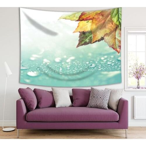 Tapestry The Autumn Leaves and Rain Water Drops Nature Seasonal Romantic Scene Printed Blue Brown Green