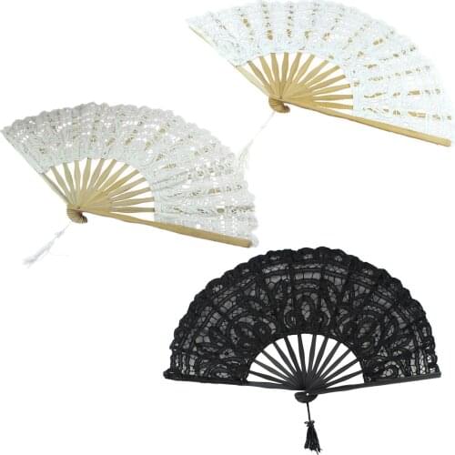 Handmade Cotton Lace Folding Hand Fan for Party Bridal Wedding Decoration ( Beige)