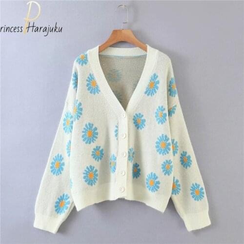 Plus Size Women Little Daisy Sweater Cardigan Top Casual Long Sleeve V Neck Floral Print Sweater Loose Knit Coat Cardigan Femme