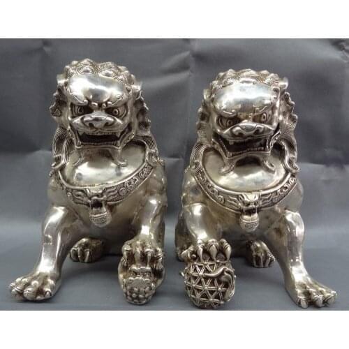 10" Chinese Silver Treasure Fu Dog Brass FengShui Lion Ball Animals Lion pair s 100% real Tibetan Silver Brassroom