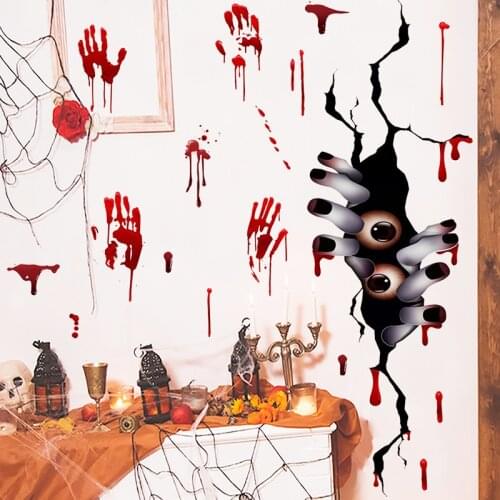 Creative 3D Broken Voyeur Eyes Peeping Blood Handprint Refrigerator Sticker Cabinet Bathroom Halloween Decoration Wall Sticker